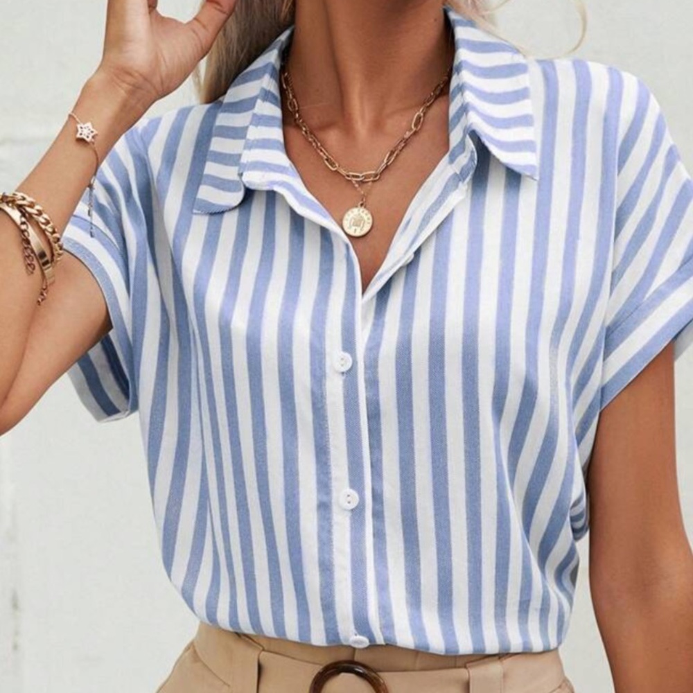💕 SHEIN Curve Frenchy Women's Blue White Striped Batwing Sleeve Shirt 2XL